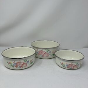 Kobe Kitchen Enamelware Pink Floral Nesting Mixing Bowl Set Of 3 Metal Enamel